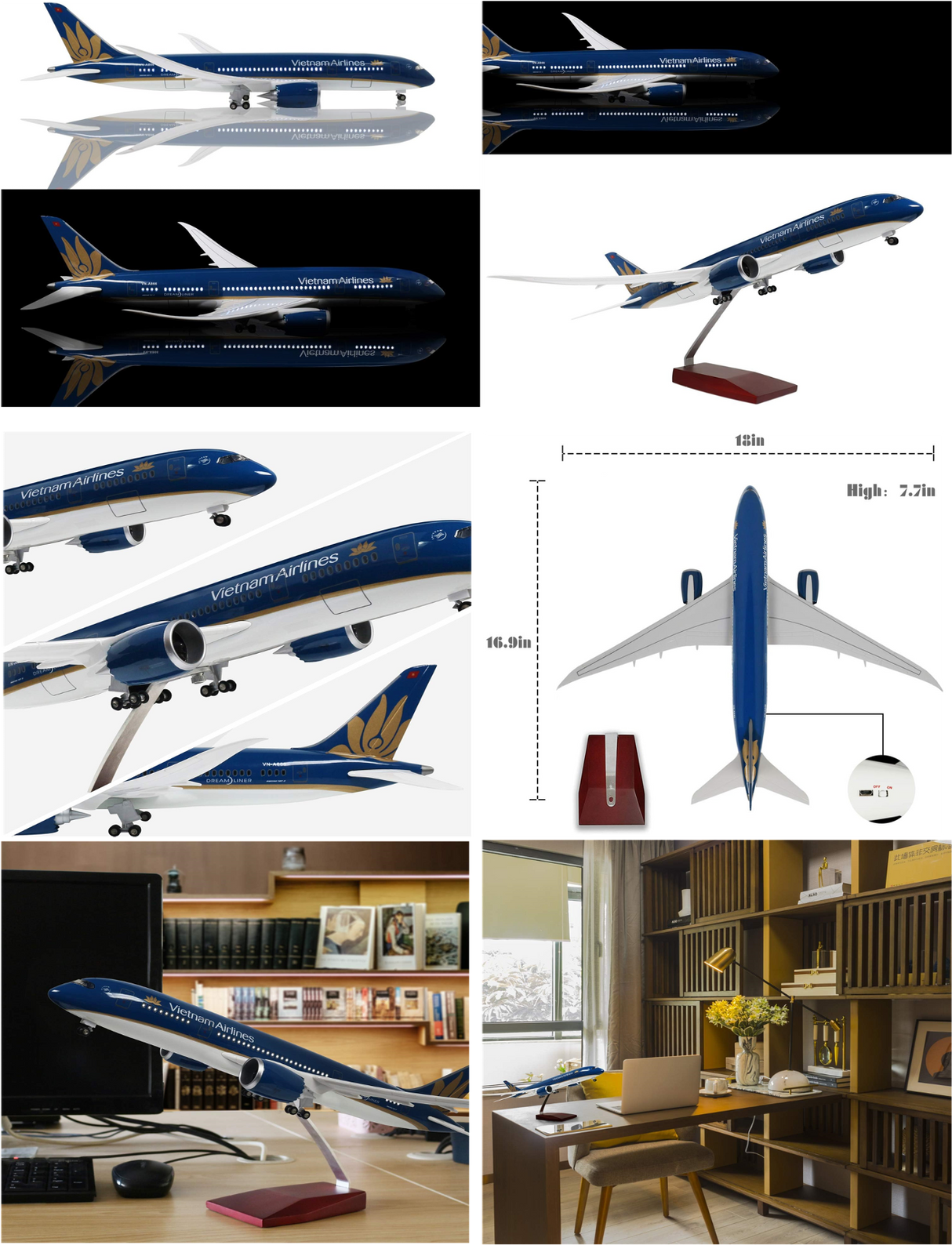 1:130 Airplane Model Vietnam Boeing 787 with LED Light(Touch or Sound Control) for Decoration or Gift