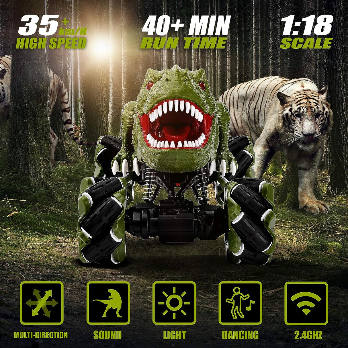 BAKAM Remote Control Monster Truck for Boys 8-12, 4WD Dinosaur Car Toy with Light & Sound, 2.4Ghz Hobby RC Car 4x4 Off Road Truck Gift for Kids