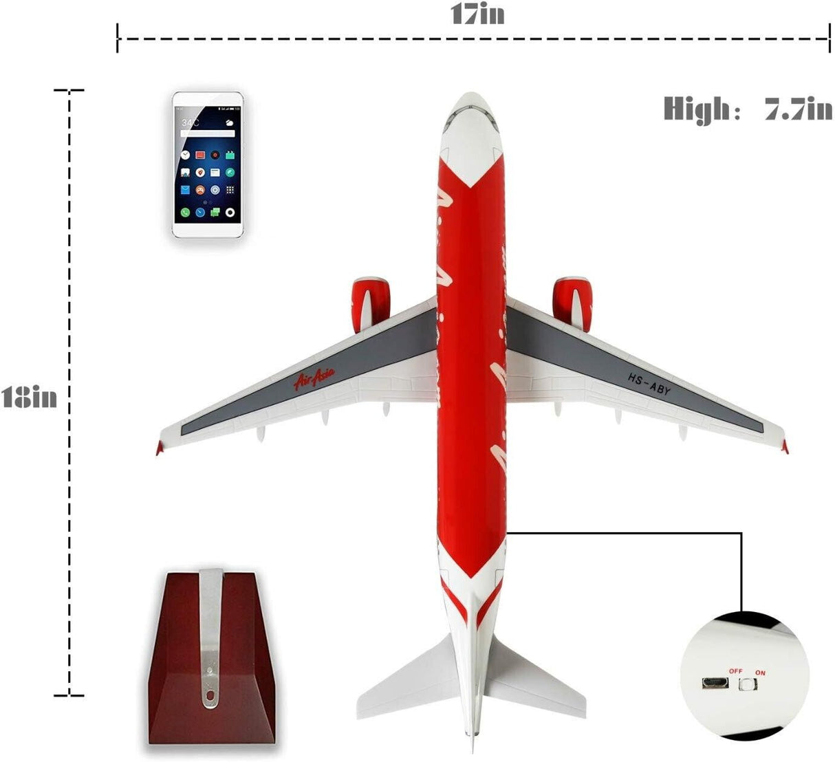 Air Asia A320 Airplane Model 1:80 Scale with LED Light and landing Gear Collection model